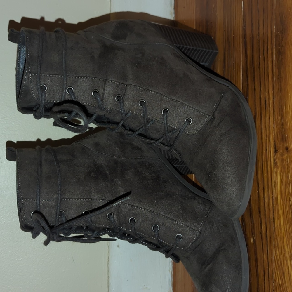 gray suede heel booties size 8